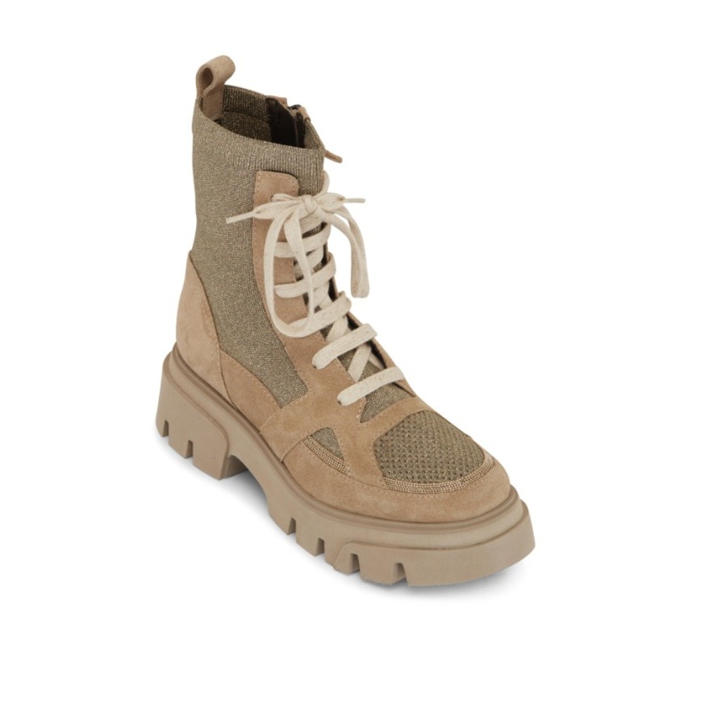 Brunello Cucinelli Gold Knit Monili Lurex Tan Suede Lug Sole Combat Boots 39.5